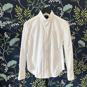 Ralph Lauren White Button Down Shirt Beaded RL Logo Petite Small